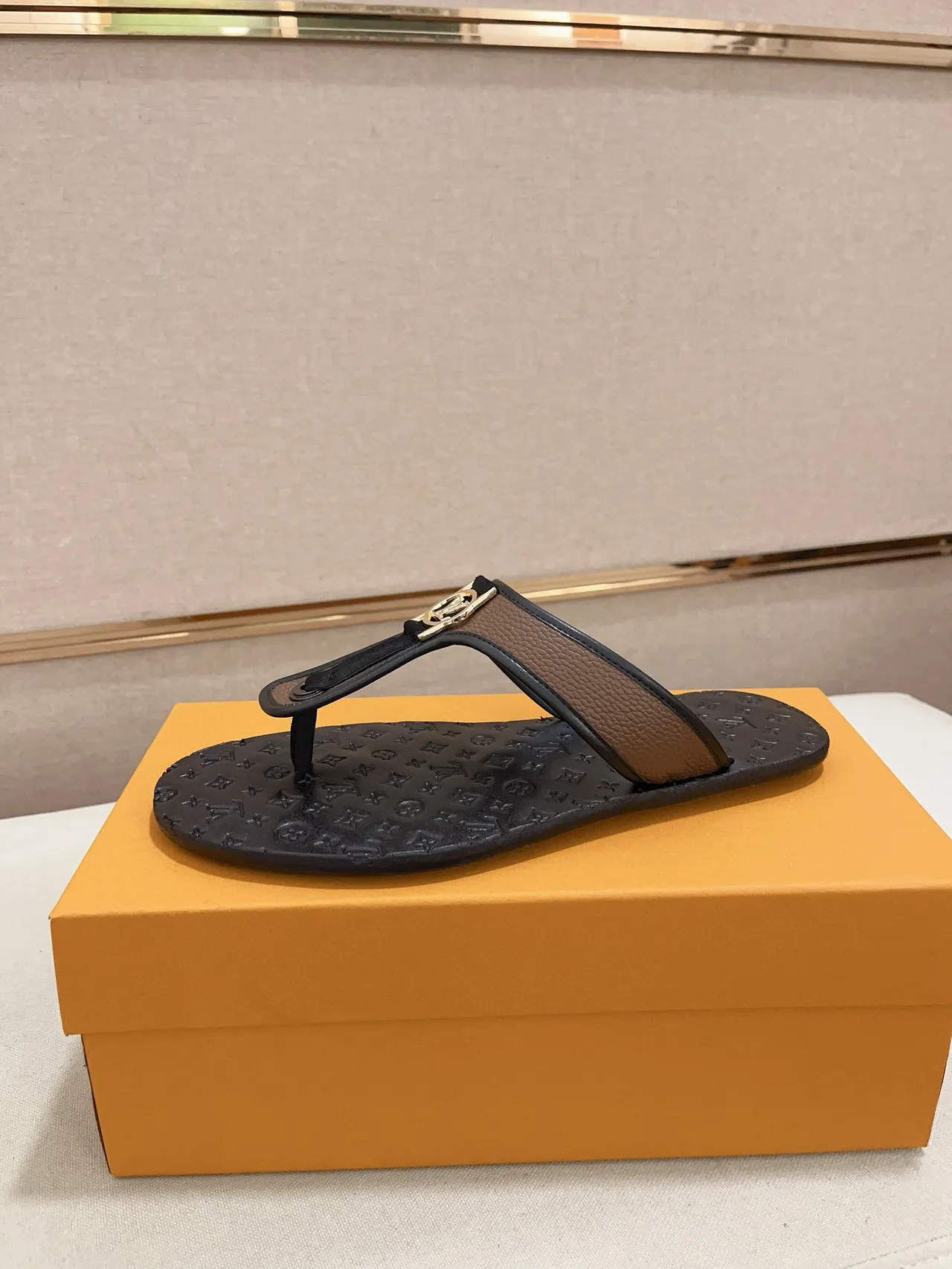 Louis Vuitton Black Multicolor Monogram-Embossed Rubber Sole Metal LV Circle Logo Buckle Slippers 9