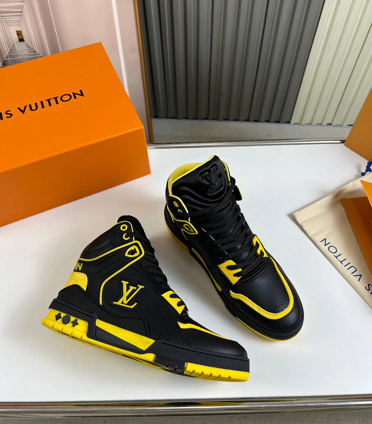 Louis Vuitton Black Yellow High-Top Monogrammed Lifestyle Sneakers 6