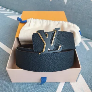 Louis Vuitton Blue Gold Pebbled Turnlock Buckle Leather Belt