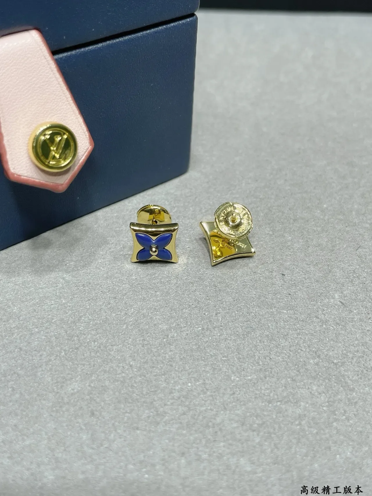 Louis Vuitton Blue Gold Square-Frame Enamel Flower Earrings 5