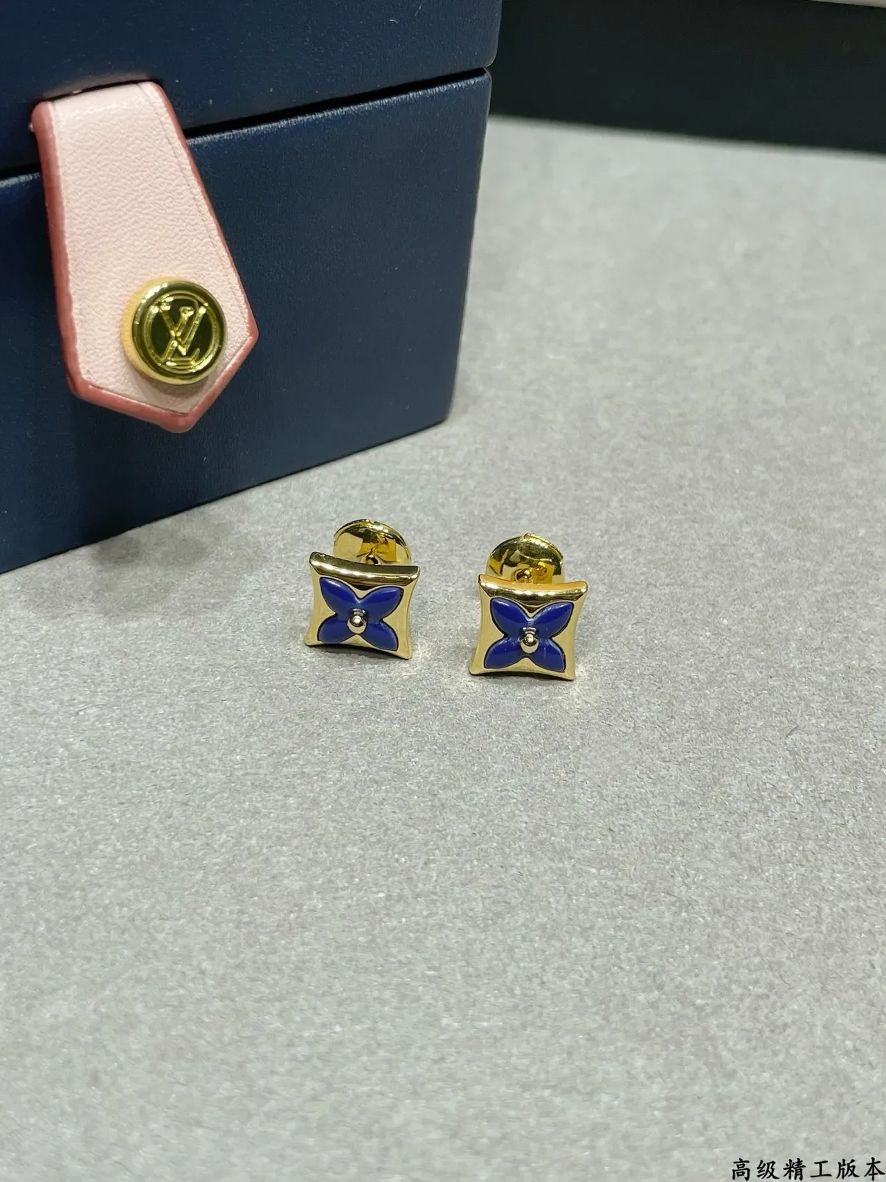 Louis Vuitton Blue Gold Square-Frame Enamel Flower Earrings 6