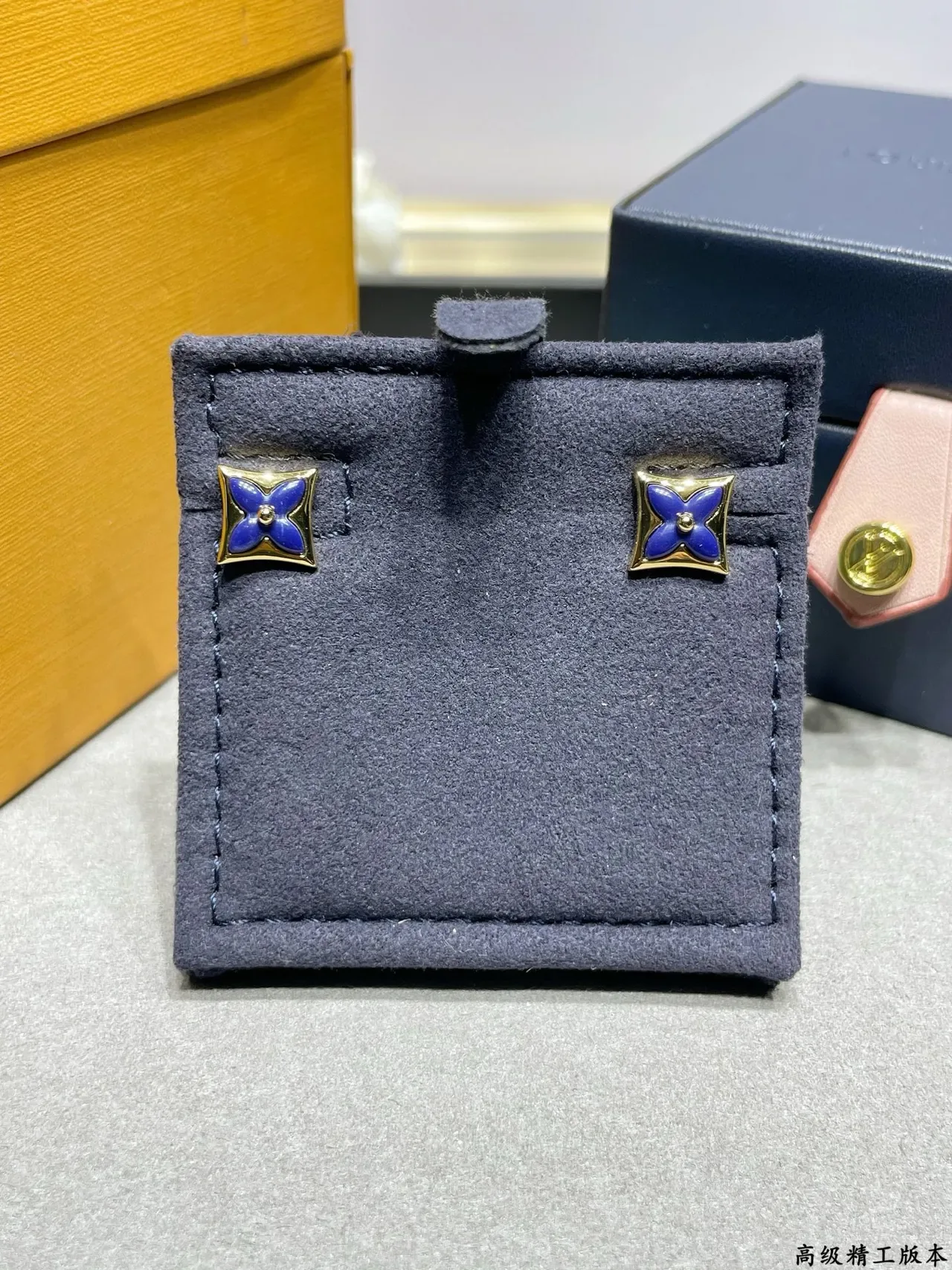 Louis Vuitton Blue Gold Square-Frame Enamel Flower Earrings 8