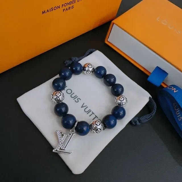 Louis Vuitton Blue Silver Beaded Monogram Charm Bracelet 6