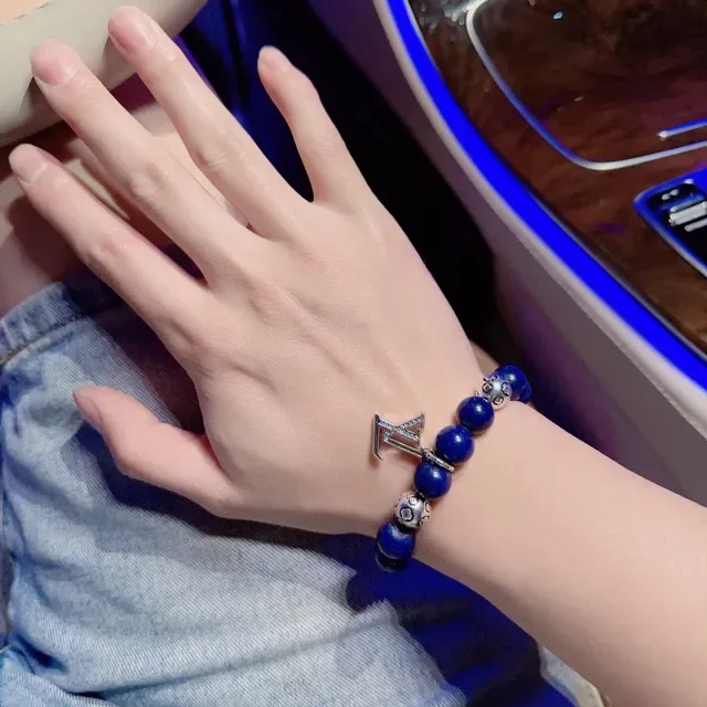 Louis Vuitton Blue Silver Beaded Monogram Charm Bracelet 7