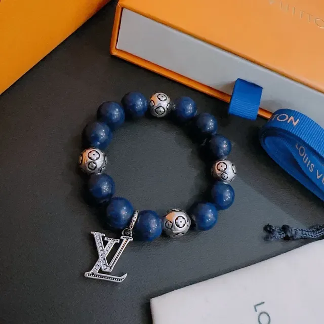 Louis Vuitton Blue Silver Beaded Monogram Charm Bracelet 8