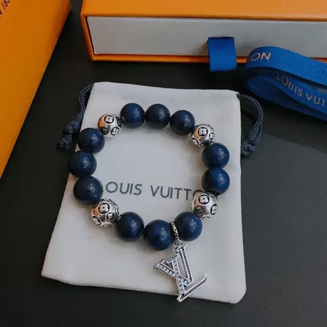 Louis Vuitton Blue Silver Beaded Monogram Charm Bracelet 9