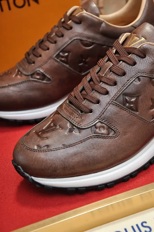 Louis Vuitton Marron Beige Monogram Embossed Cuir Sneakers Lifestyle 3