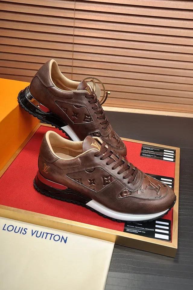 Louis Vuitton Marron Beige Monogram Embossed Cuir Sneakers Lifestyle 5