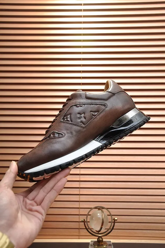 Louis Vuitton Marron Beige Monogram Embossed Cuir Sneakers Lifestyle 6