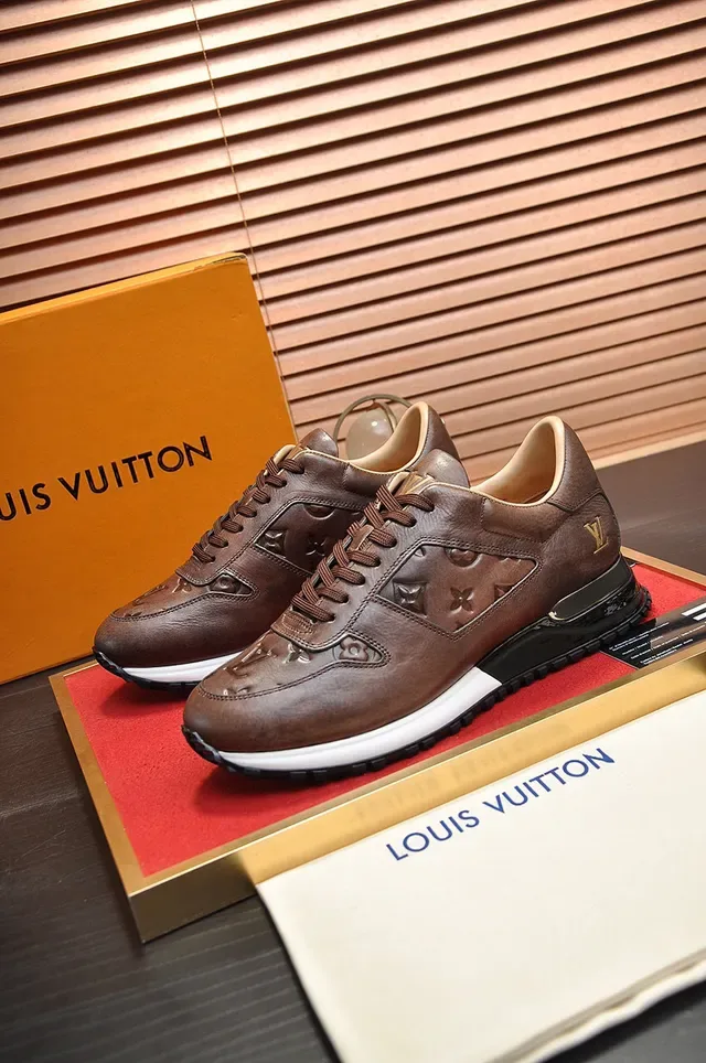 Louis Vuitton Marron Beige Monogram Embossed Cuir Sneakers Lifestyle 7