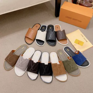 Louis Vuitton Brown Beige Embossed Monogram Strap Flat Slide Construction Slippers