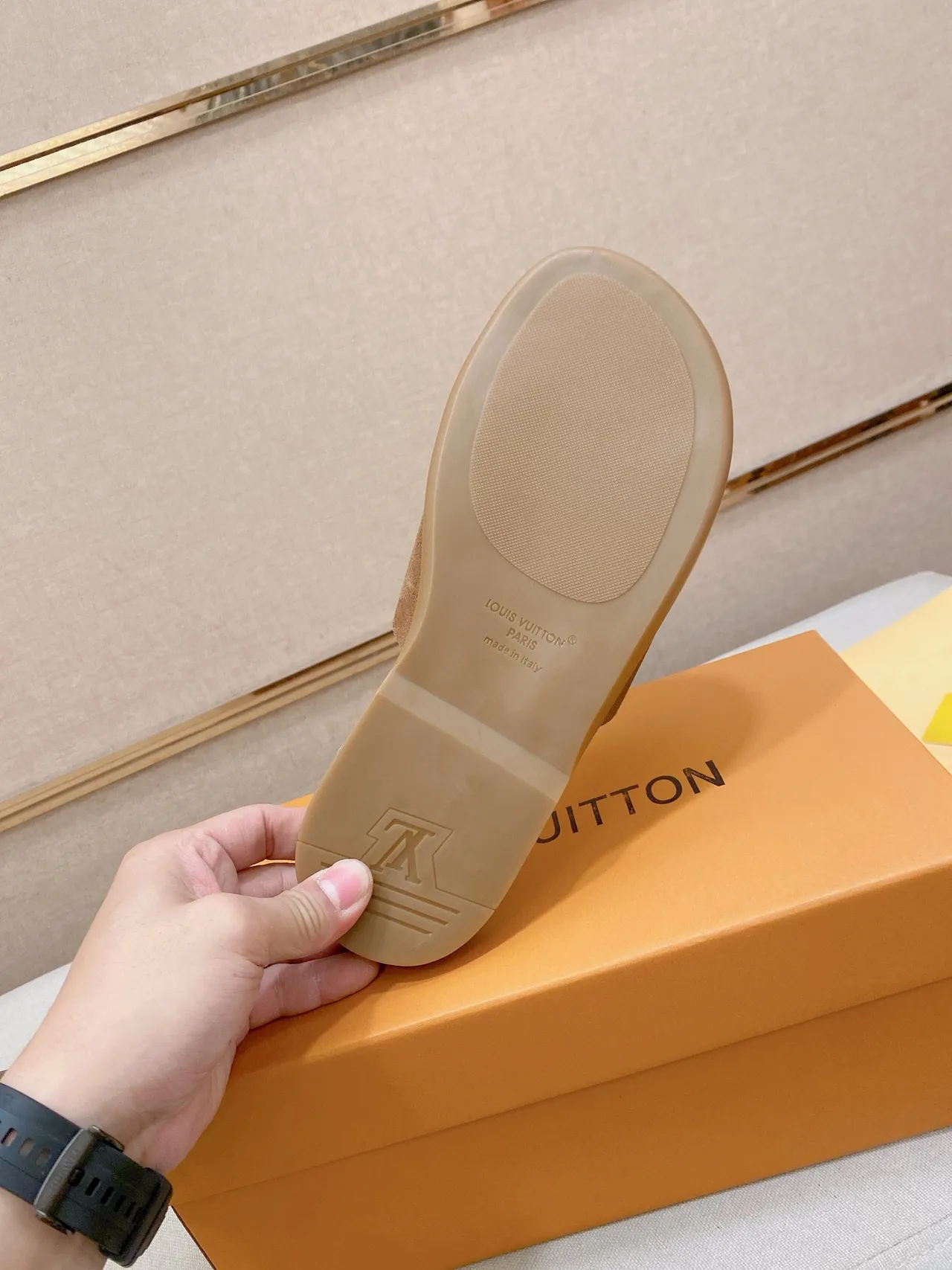 Louis Vuitton Brown Beige Embossed Monogram Strap Flat Slide Construction Slippers 3