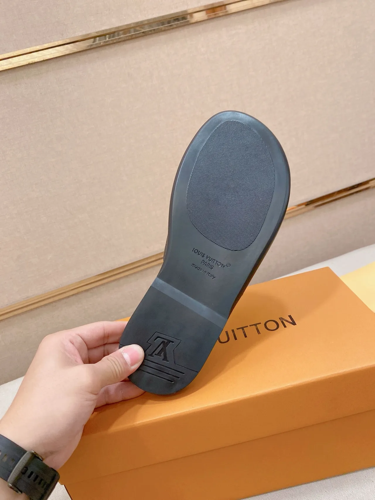 Louis Vuitton Brown Beige Embossed Monogram Strap Flat Slide Construction Slippers 4