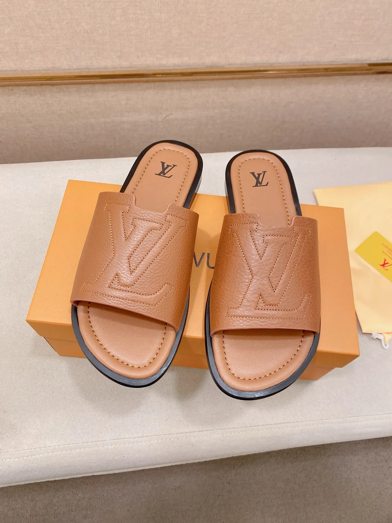 Louis Vuitton Brown Beige Embossed Monogram Strap Flat Slide Construction Slippers 6