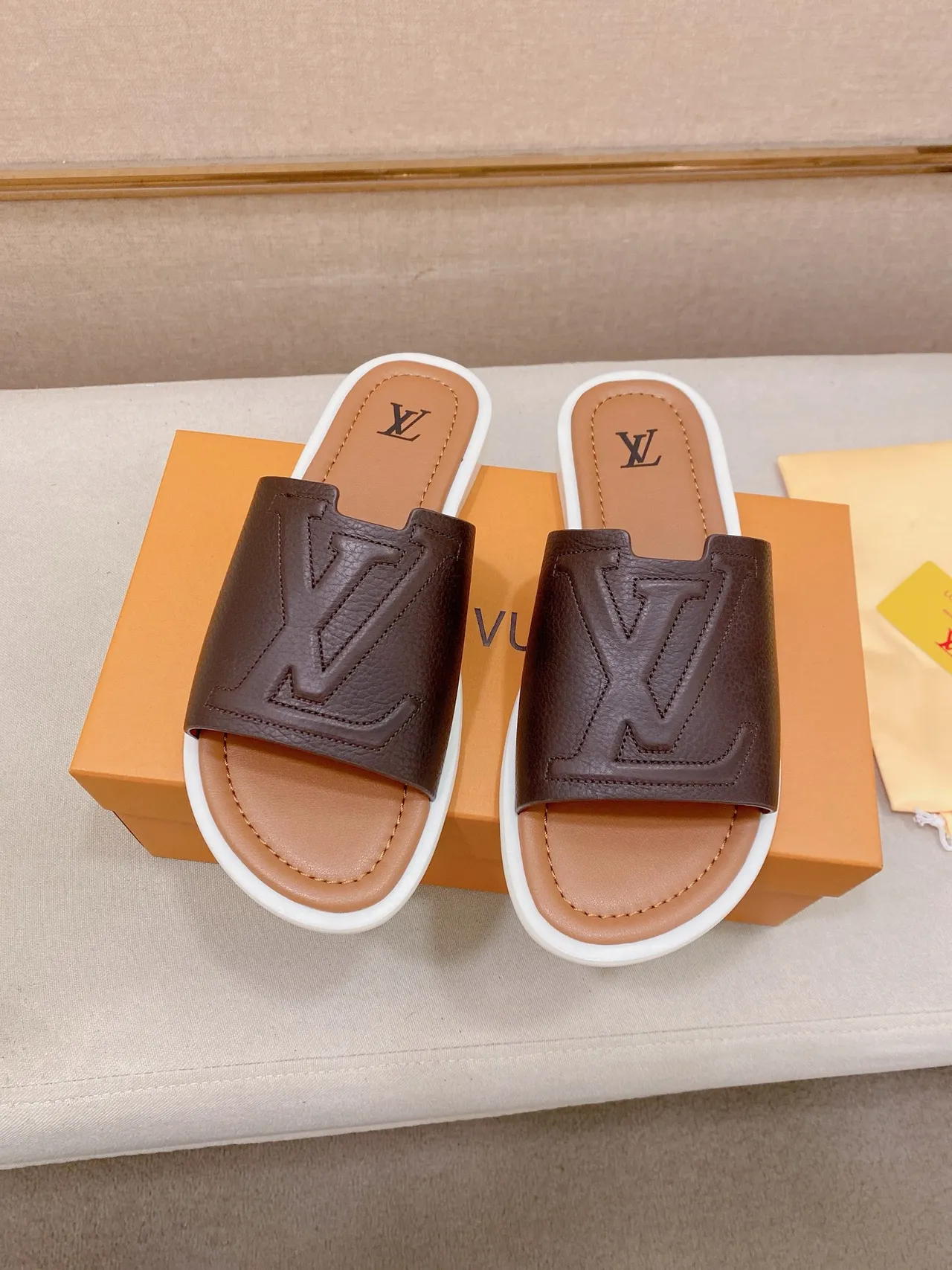 Louis Vuitton Brown Beige Embossed Monogram Strap Flat Slide Construction Slippers 7