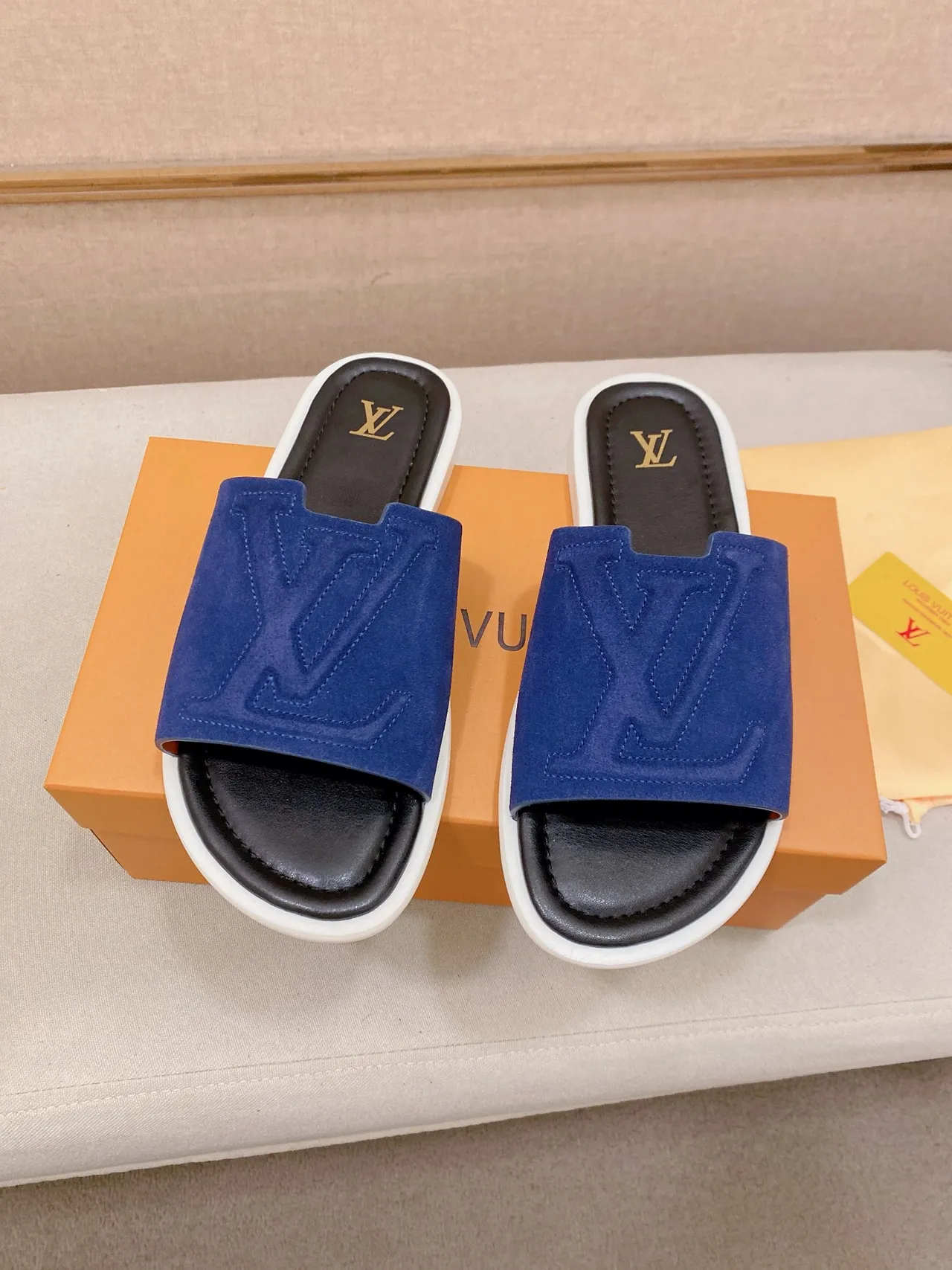 Louis Vuitton Brown Beige Embossed Monogram Strap Flat Slide Construction Slippers 9
