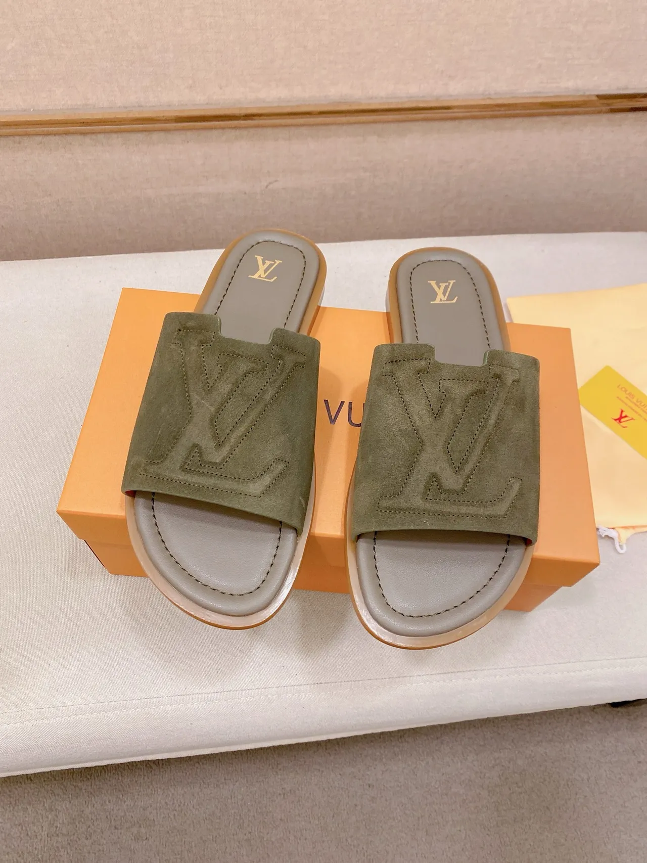 Louis Vuitton Brown Beige Embossed Monogram Strap Flat Slide Construction Slippers 13