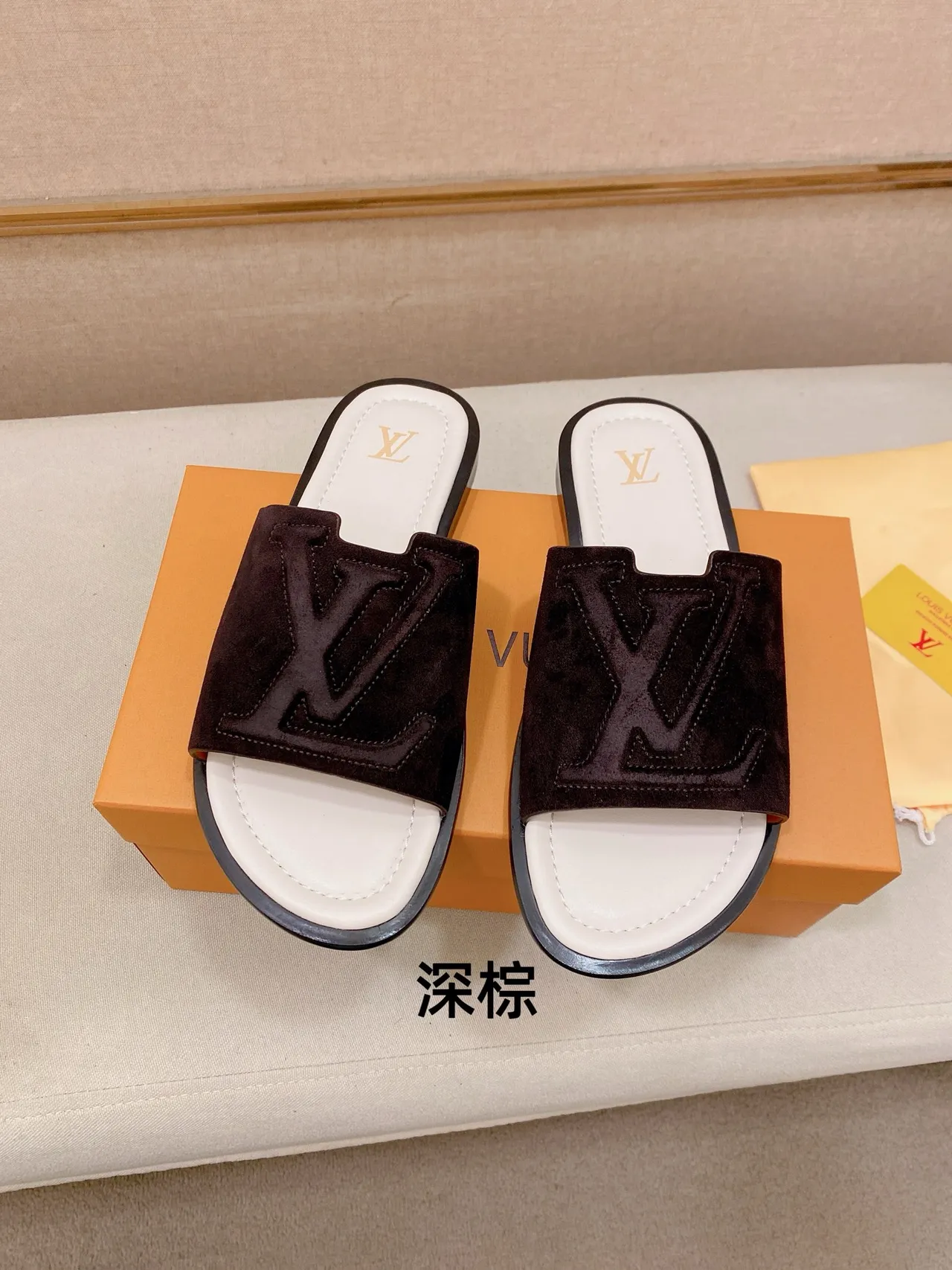 Louis Vuitton Brown Beige Embossed Monogram Strap Flat Slide Construction Slippers 14