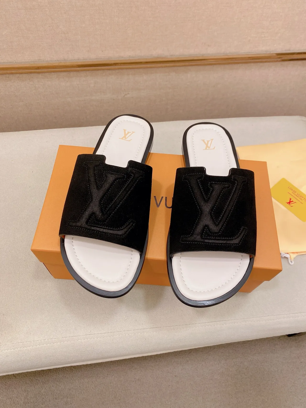 Louis Vuitton Brown Beige Embossed Monogram Strap Flat Slide Construction Slippers 15