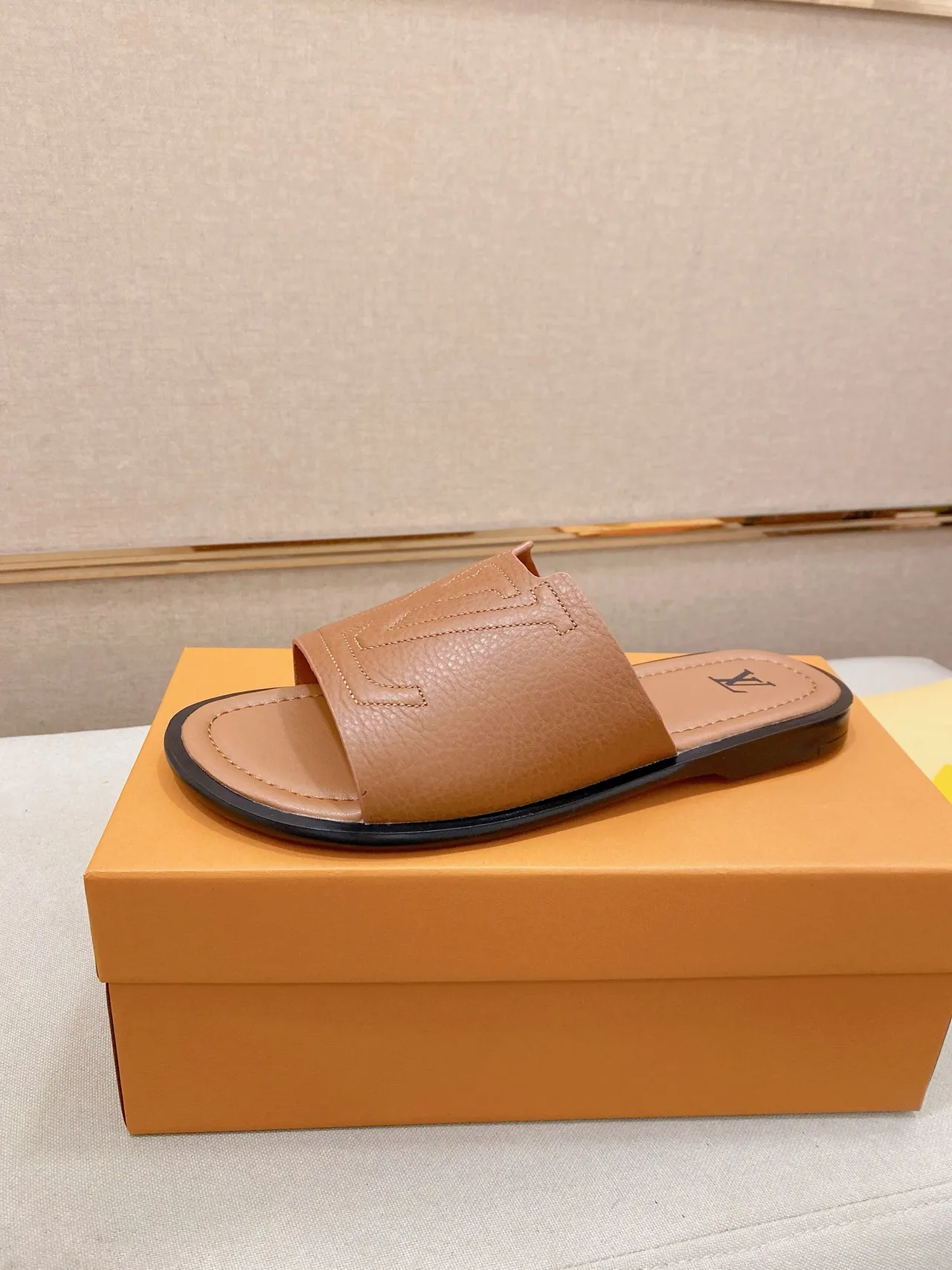 Louis Vuitton Brown Beige Embossed Monogram Strap Flat Slide Construction Slippers 17
