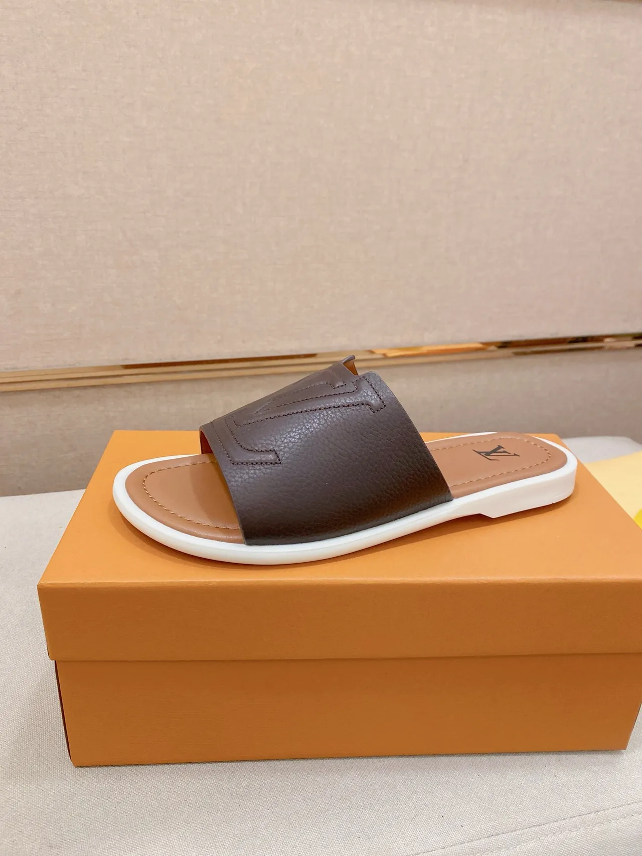 Louis Vuitton Brown Beige Embossed Monogram Strap Flat Slide Construction Slippers 18