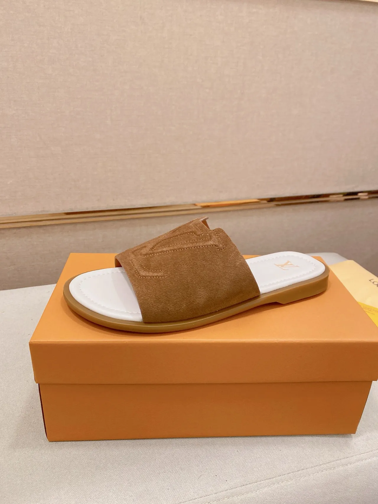 Louis Vuitton Brown Beige Embossed Monogram Strap Flat Slide Construction Slippers 22