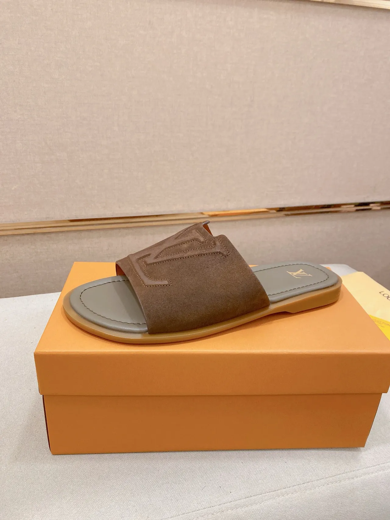 Louis Vuitton Brown Beige Embossed Monogram Strap Flat Slide Construction Slippers 23