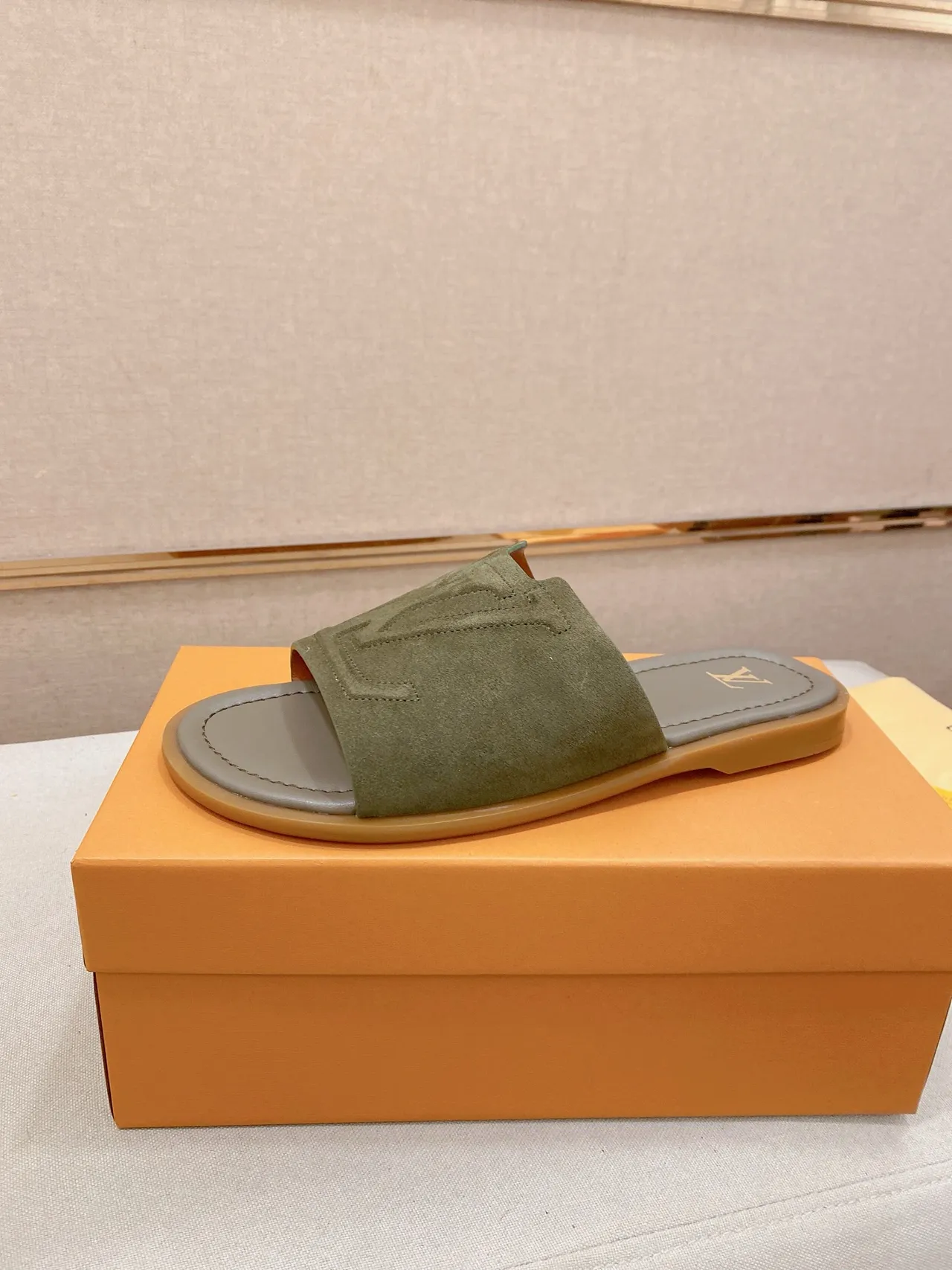 Louis Vuitton Brown Beige Embossed Monogram Strap Flat Slide Construction Slippers 24
