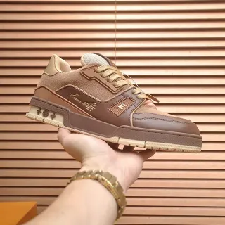 Louis Vuitton Brown Beige Layered Mixed-Material Upper Gold-Tone Branding Lifestyle Sneakers