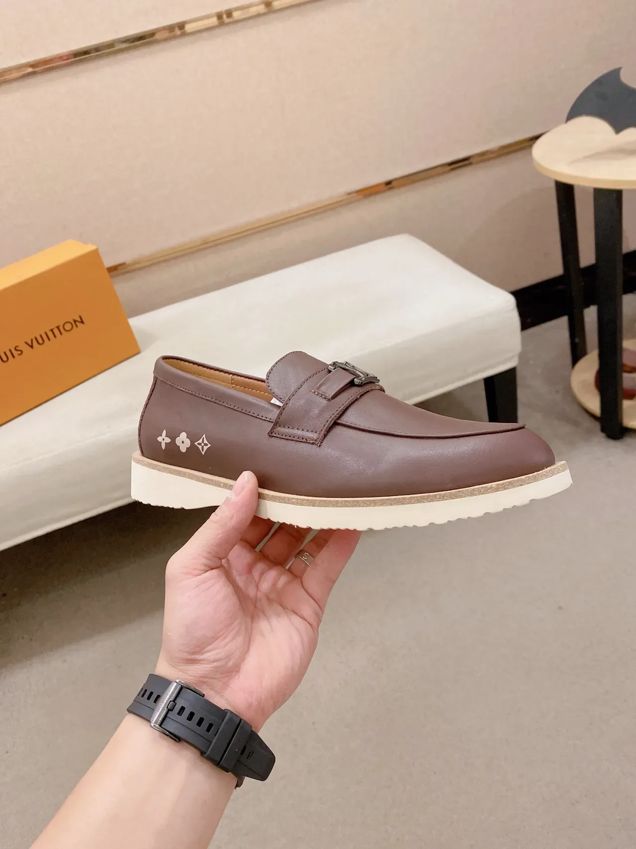 Louis Vuitton Brown Beige Leather Buckle Strap Loafer 5