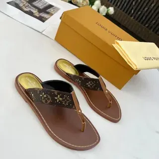 Louis Vuitton Zapatillas Marrón Beige Monograma Lona Correa Suela de Cuero