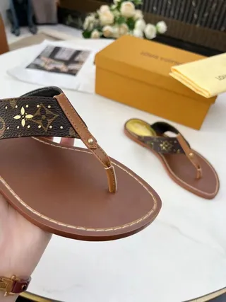 Louis Vuitton Brown Beige Monogram Canvas Strap Leather Sole Slippers 2