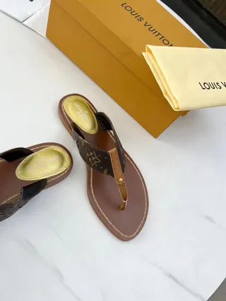 Louis Vuitton Brown Beige Monogram Canvas Strap Leather Sole Slippers 3
