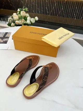 Louis Vuitton Brown Beige Monogram Canvas Strap Leather Sole Slippers 7