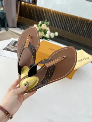 Louis Vuitton Brown Beige Monogram Canvas Strap Leather Sole Slippers 8