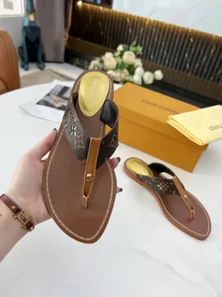Louis Vuitton Brown Beige Monogram Canvas Strap Leather Sole Slippers 9