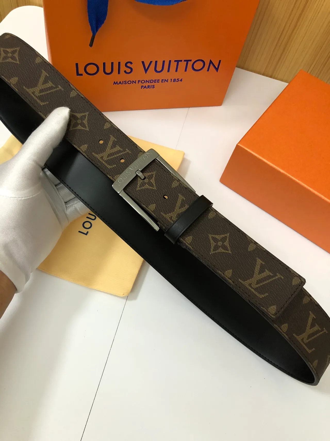 Louis Vuitton Brown Black Monogram-Coated Canvas Silver-Tone Rectangular Buckle Leather Belt 3