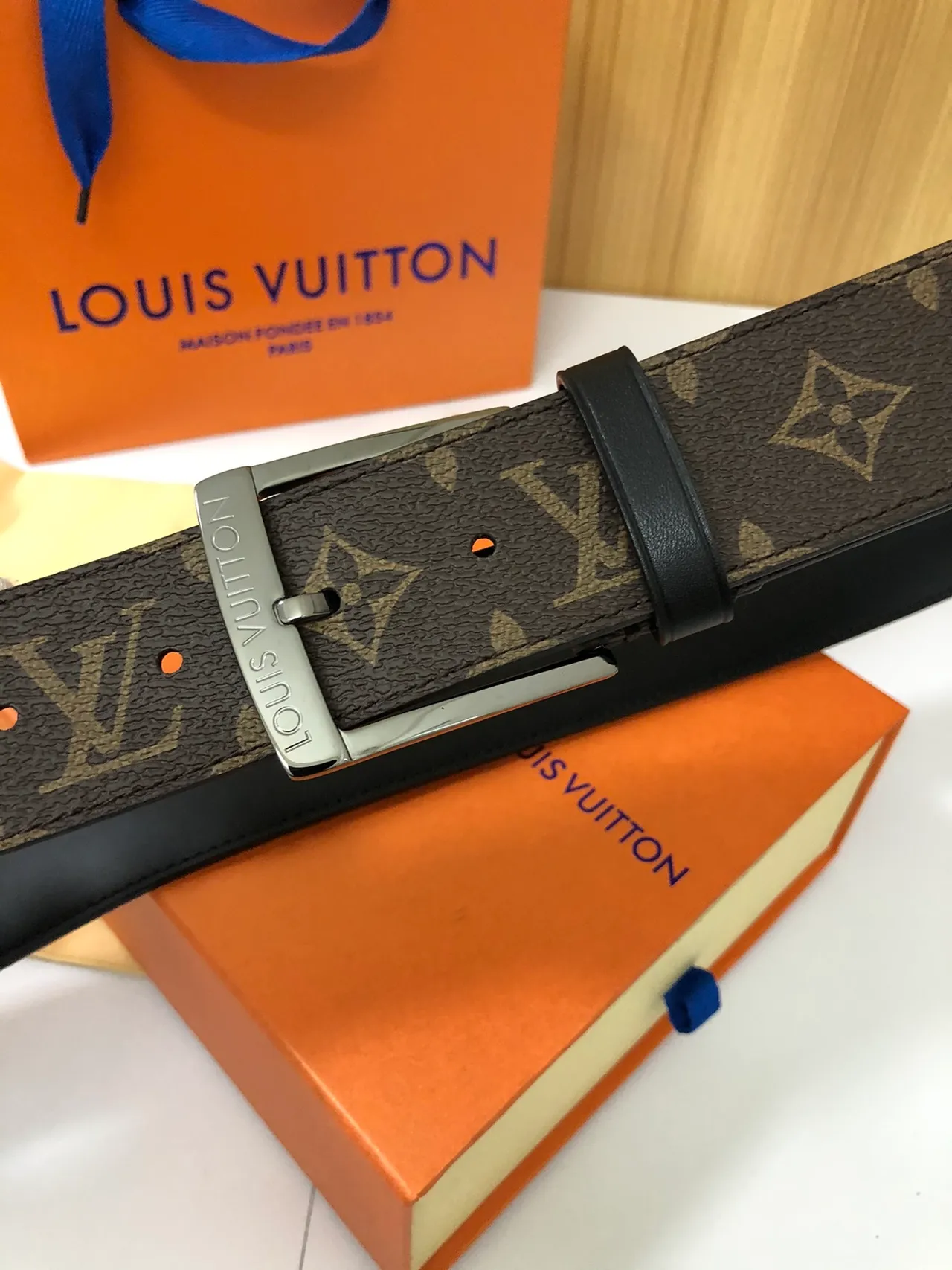 Louis Vuitton Brown Black Monogram-Coated Canvas Silver-Tone Rectangular Buckle Leather Belt 4