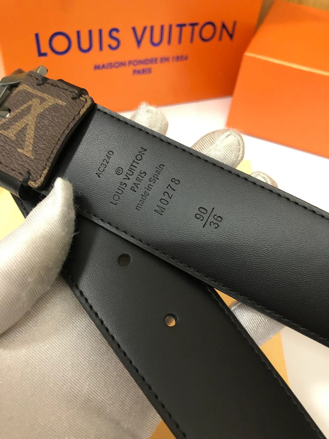 Louis Vuitton Brown Black Monogram-Coated Canvas Silver-Tone Rectangular Buckle Leather Belt 5