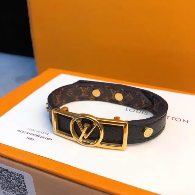 Louis Vuitton Brown Black Wide Leather Band Gold-Tone LV Monogram Buckle Bracelet 2