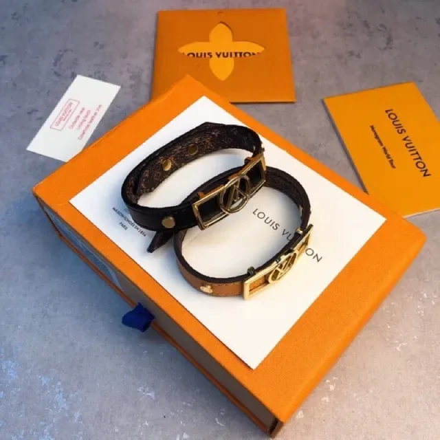Louis Vuitton Brown Black Wide Leather Band Gold-Tone LV Monogram Buckle Bracelet 3