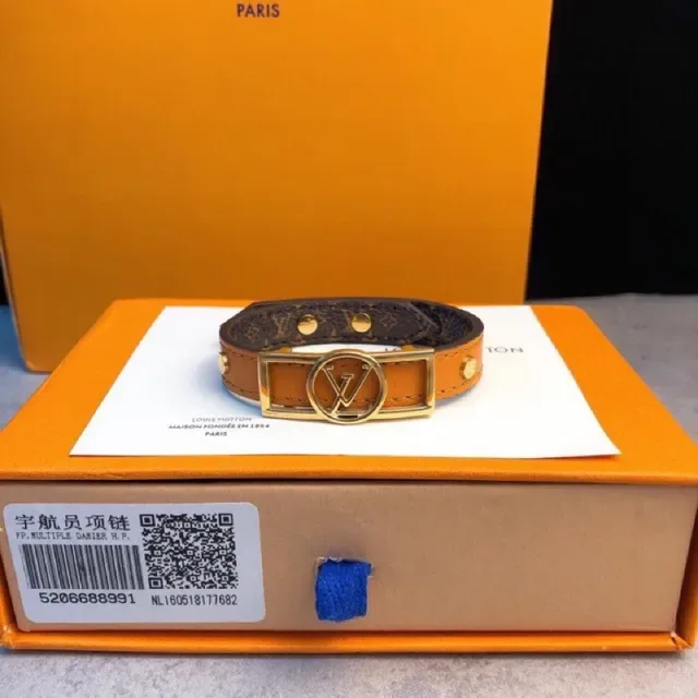Louis Vuitton Brown Black Wide Leather Band Gold-Tone LV Monogram Buckle Bracelet 5