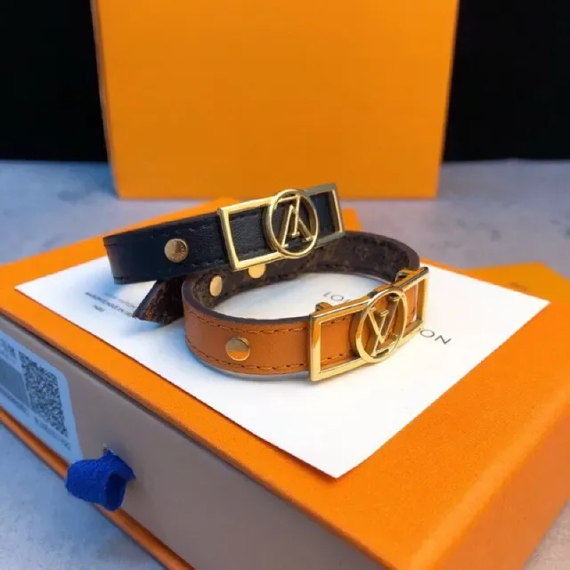 Louis Vuitton Brown Black Wide Leather Band Gold-Tone LV Monogram Buckle Bracelet 6
