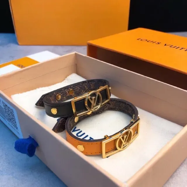 Louis Vuitton Brown Black Wide Leather Band Gold-Tone LV Monogram Buckle Bracelet 7