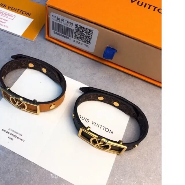 Louis Vuitton Brown Black Wide Leather Band Gold-Tone LV Monogram Buckle Bracelet 9