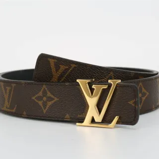 Louis Vuitton भूरी सोने का Monogram-Coated Canvas पॉलिश्ड LV बकल चमड़े की बेल्ट