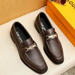 Louis Vuitton Brown Gold Pebbled Leather Metal LV Buckle Strap Loafer