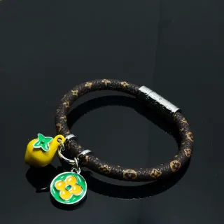 Louis Vuitton Marrón Amarillo Trenzado Cuero Monogram Patrón Floral Pulsera