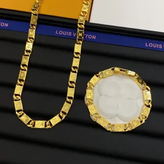 Louis Vuitton Camellia Gold White Monogram-Link Chain Circular Pendant Necklace