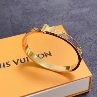 Louis Vuitton Ceinture Gold Purple Hinged Bangle Monogrammed Leather Inlay Bracelet